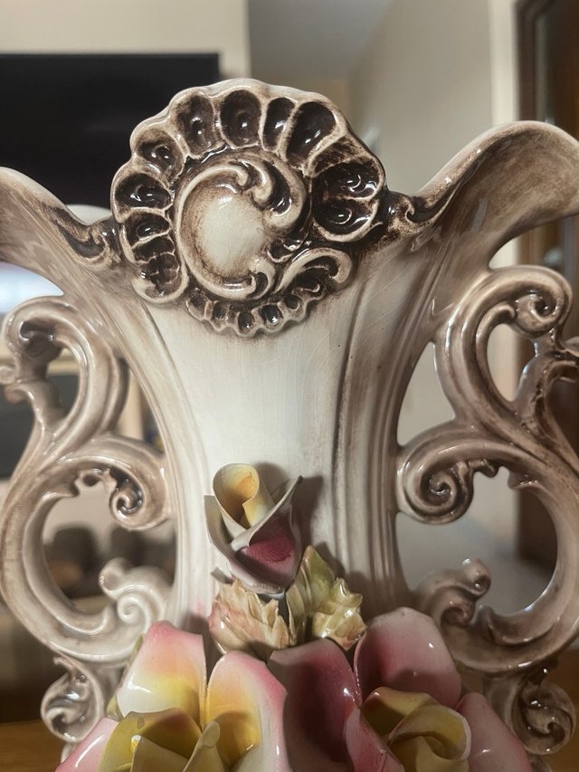 Gran Jarrón Capodimonte Italia Rosas Porcelana