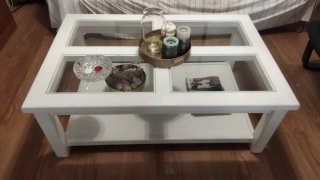 Mesa  centro, madera maciza de roble  y crista