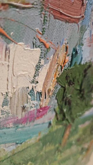 Pintura paisaje pueblo mar