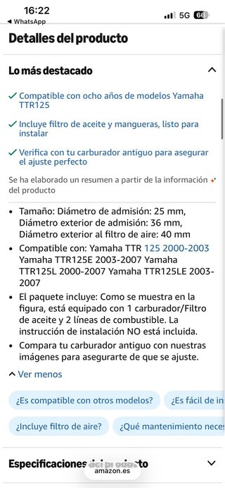 Carburador Yamaha 125 + Filtro y Manguera