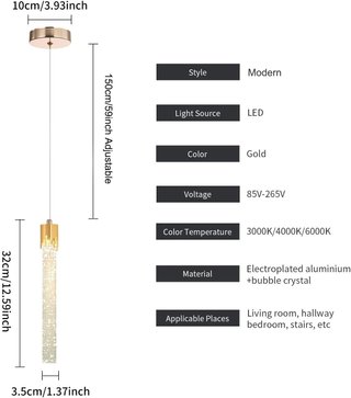 Lámpara Colgante Cristal Oro LED Moderna
