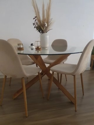 Mesa de comedor redonda cristal y madera de 1,20