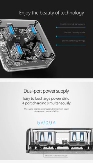 Hub USB 3.2 Orico 4 Puertos Transparente