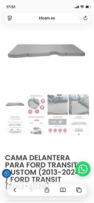 Cama Asiento Delantero Ford Transit Custom