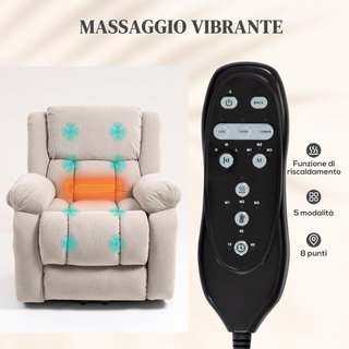 Poltrona elettrica rialzante reclinabile 150°, poltrona relax elettrica in tessuto per anziani con 8 punti massaggio, riscaldamento, porta USB, telecomando, poggiapiedi, tasche laterali, beige