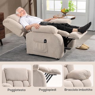 Poltrona elettrica rialzante reclinabile 150°, poltrona relax elettrica in tessuto per anziani con 8 punti massaggio, riscaldamento, porta USB, telecomando, poggiapiedi, tasche laterali, beige