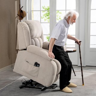 Poltrona elettrica rialzante reclinabile 150°, poltrona relax elettrica in tessuto per anziani con 8 punti massaggio, riscaldamento, porta USB, telecomando, poggiapiedi, tasche laterali, beige