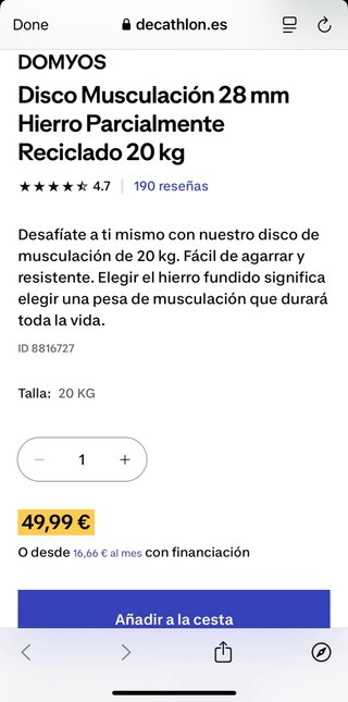 Discos de pesas Decathlon – 20kg & 10kg – Nuevos