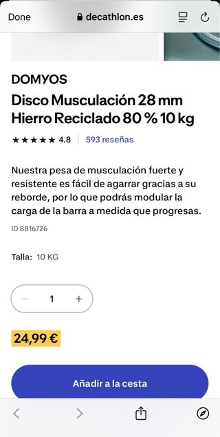 Discos de pesas Decathlon – 20kg & 10kg – Nuevos