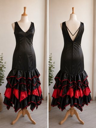 Vestido Flamenca Negro y Rojo Artesanal
