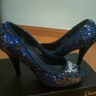 Zapatos de tacón lentejuelas azul/plata talla 38