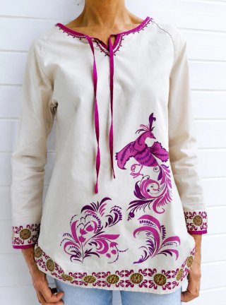 Blusa boho beige bordado fucsia