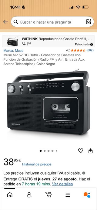 Radio Portátil Muse Negra con Cassette