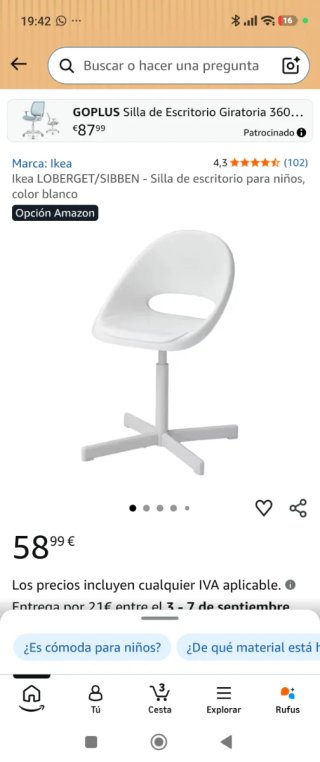 Silla giratoria Ikea  Loberget blanca y cojín gris