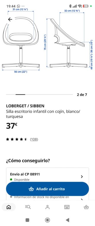 Silla giratoria Ikea  Loberget blanca y cojín gris