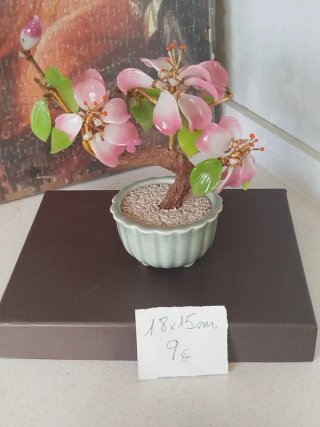 Arbolito bonsai cristal flores rosa y hojas verdes