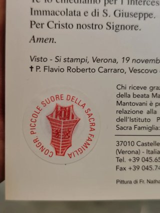 Santino con reliquia Santa M. Domenica Mantovani