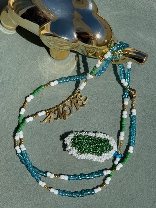 Collana lunga perline blu e verdi