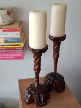Candelabros Vintage Madera Tallada (25/26cm)