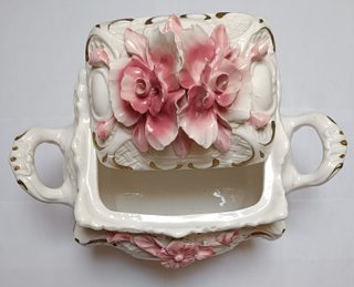 Sopera Cerámica Italiana Flores Rosas Blanca