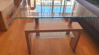 Mesa centro cristal, madera y metal