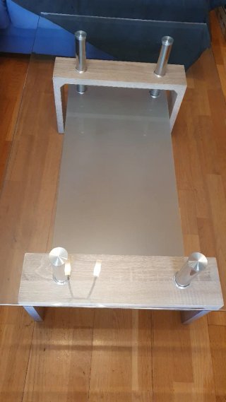 Mesa centro cristal, madera y metal