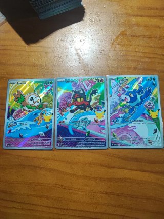 Trío de cartas Pokémon: Rowlet, Litten, Popplio