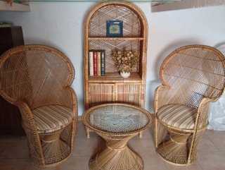 Conjunto Muebles Mimbre: 2 Sillones, Mesa y Estant