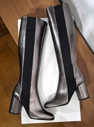 Stivali alti con tacco, pelle, grigio, Pollini, 37