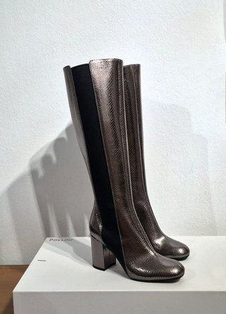 Stivali alti con tacco, pelle, grigio, Pollini, 37