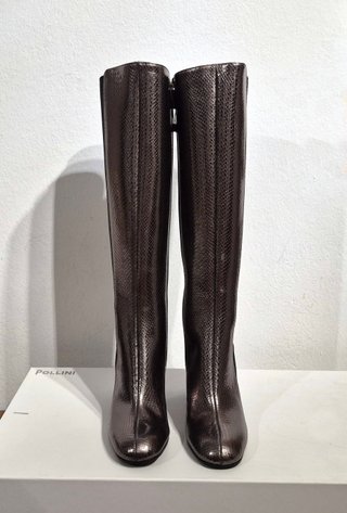 Stivali alti con tacco, pelle, grigio, Pollini, 37