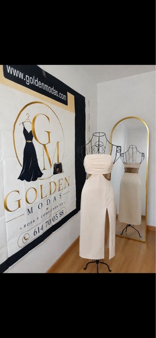 Vestido fiesta beige corte cintura