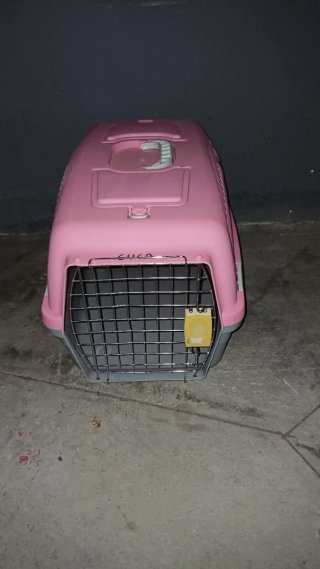 Transportín perro pequeño gris y rosa