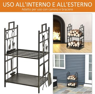 Portalegna De Interior Y Exterior De Metal Con 2 Estantes, Portalegna Para Leña Con Escoba, Paleta, Pinza, Atizador Y Mangos, Base Porta Leña Elevada Y Decoraciones, 51.5X33X77Cm, Oro Y Negro