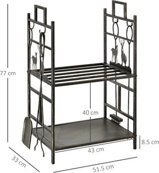 Portalegna De Interior Y Exterior De Metal Con 2 Estantes, Portalegna Para Leña Con Escoba, Paleta, Pinza, Atizador Y Mangos, Base Porta Leña Elevada Y Decoraciones, 51.5X33X77Cm, Oro Y Negro