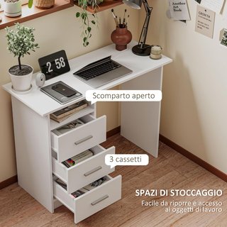 Scrivania Moderna Salvaspazio Con 3 Cassetti E Ripiano Aperto, Scrivania Con Cassetti In Legno, Per Ufficio, Studio E Camera Da Letto, 100X40X75 Cm, Bianco