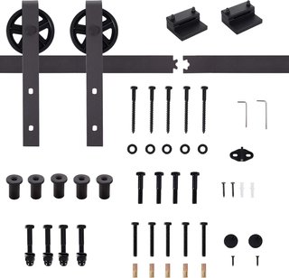Kit de Puerta Corredera de 183CM/6FT 100Kg Máx en Acero al Carbono, Kit para Puertas Correderas con Riel, 2 Ganchos, 2 Topes de Puerta, 2 Topes de Suelo, 2 Juegos de Tornillos y Pernos