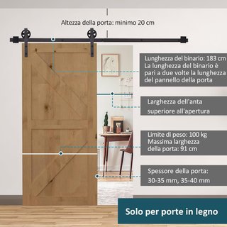 Kit de Puerta Corredera de 183CM/6FT 100Kg Máx en Acero al Carbono, Kit para Puertas Correderas con Riel, 2 Ganchos, 2 Topes de Puerta, 2 Topes de Suelo, 2 Juegos de Tornillos y Pernos