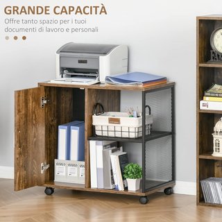 Mobile per stampante e documenti, cassettiera con ruote in stile nordico, mobile multiuso per ufficio e casa, marrone vintage