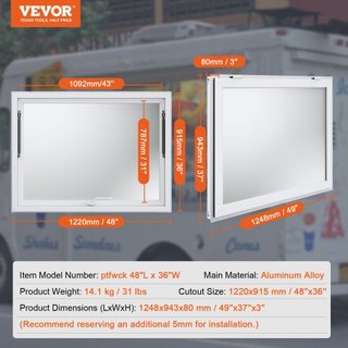 Ventana de Concesión 48"x36", Ventana de Servicio para Camiones de Comida de Aleación de Aluminio con Puerta de Toldillo y Gancho de Arrastre, Ventana de Servicio de Pie hasta 85 Grados para Camio...