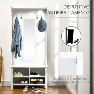 Porta abiti con specchio e scarpiera a 4 ganci in legno 80x40x170cm bianco
