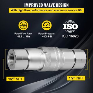 Conector Rápido Hidráulico Cuerpo de 1/2" con Rosca NPT de 1/2" Acoplador Hidráulico 4 Pares Acoplamiento Rápido Hidráulico 45.5 L/min Acoplador Rápido Hidráulico (ISO 16028)