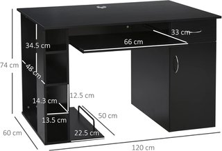 Scrivano ergonomico per PC, scrivania da ufficio con ripiani, armadio, cassetto e tastiera removibile, nero, 120x60x74 cm