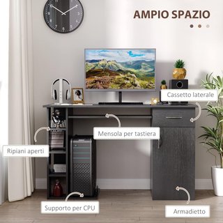 Scrivano ergonomico per PC, scrivania da ufficio con ripiani, armadio, cassetto e tastiera removibile, nero, 120x60x74 cm