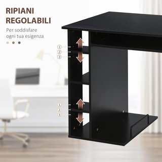 Scrivano ergonomico per PC, scrivania da ufficio con ripiani, armadio, cassetto e tastiera removibile, nero, 120x60x74 cm