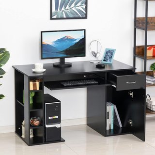 Scrivano ergonomico per PC, scrivania da ufficio con ripiani, armadio, cassetto e tastiera removibile, nero, 120x60x74 cm