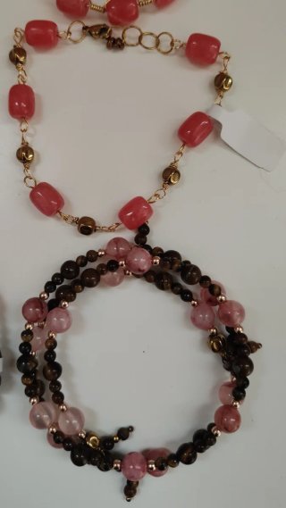 Set 6 bracciali pietre rosa e marroni