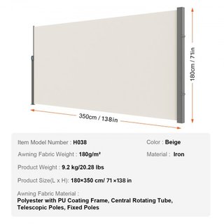 Toldo Lateral Retráctil, Pantalla de Privacidad Exterior de 71''x 138'', Pantalla de Patio Retráctil Impermeable de Poliéster de 180g, Pantalla de Divisor de Habitaciones UV 30+ para Patio, Jardín...