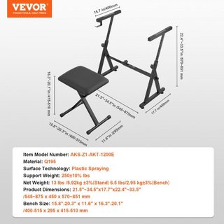 Conjunto de Soporte y Banco para Teclado de Piano, Estilo Z, Soporte de Piano Digital Pesado y Asiento, Capacidad de 250 lbs con Banco de Piano Ajustable en Ancho y Altura con Ruedas, Compatible c...