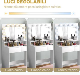 Specchio per trucco con 10 luci LED regolabili in 3 colori, tavolo per trucco con 2 cassetti e 3 scomparti, per camera da letto, 80X40X135 cm, bianco